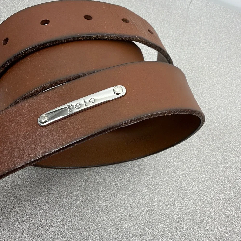 Polo Ralph Lauren Belt Mens 36 Brown Leather Plaque Logo Silver Tone Buckle